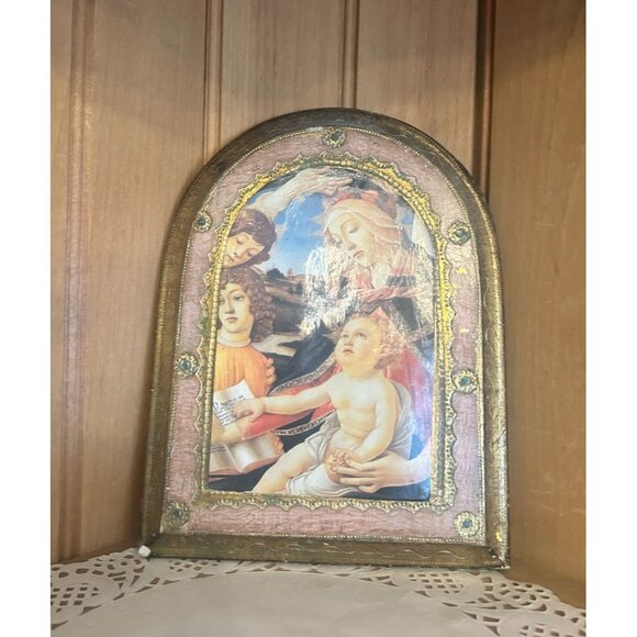 Vintage Florentine Wood Plaque Wall Decor Madonna Boticelli Gold Gild - Picture 1 of 4
